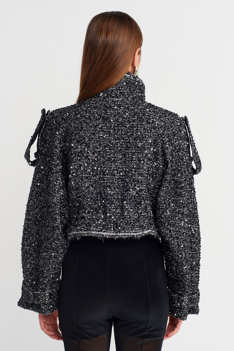 NU Sequined Cropped Jacket With Epaulettes Black/Offwhite