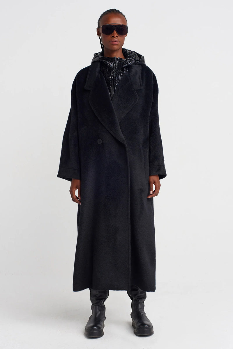 NU Long Fuzzy Coat With Shiny Hood Detail Black