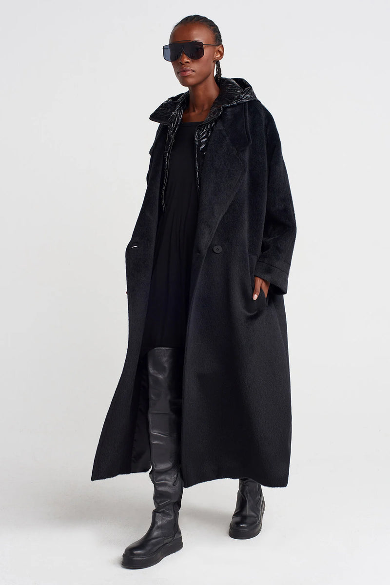 NU Long Fuzzy Coat With Shiny Hood Detail Black