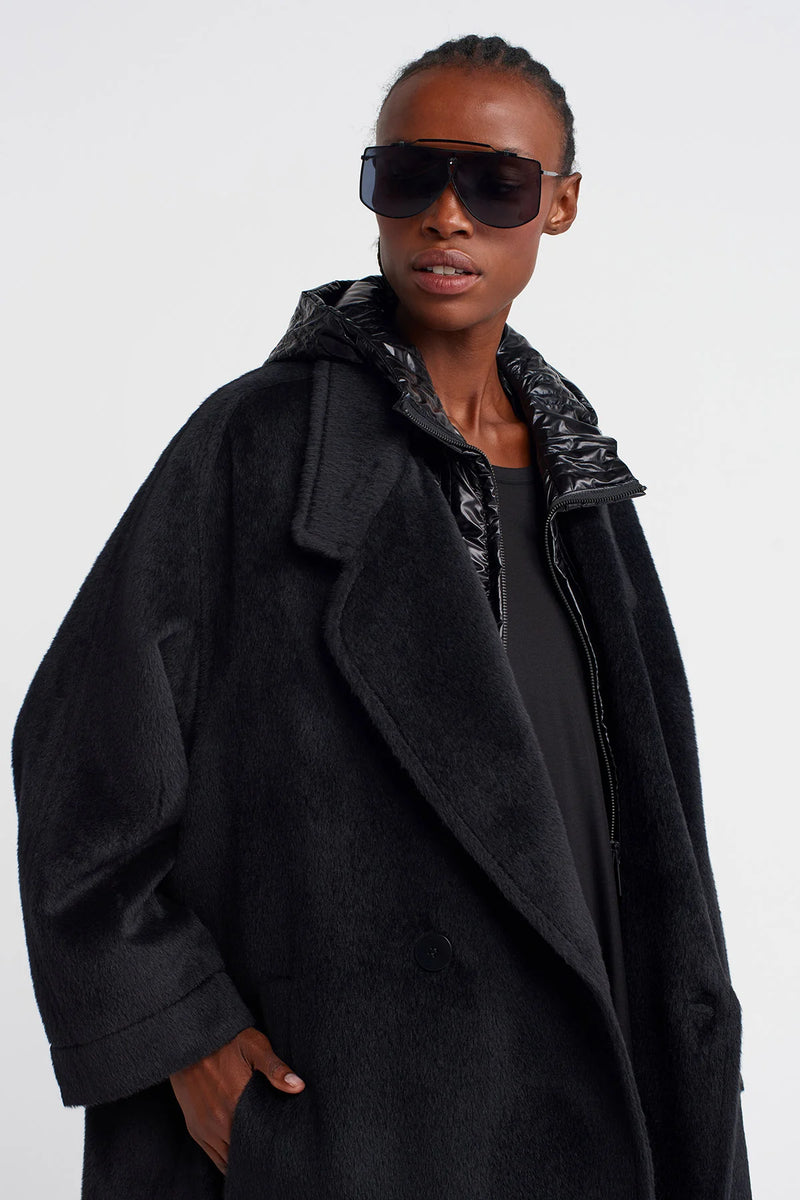 NU Long Fuzzy Coat With Shiny Hood Detail Black