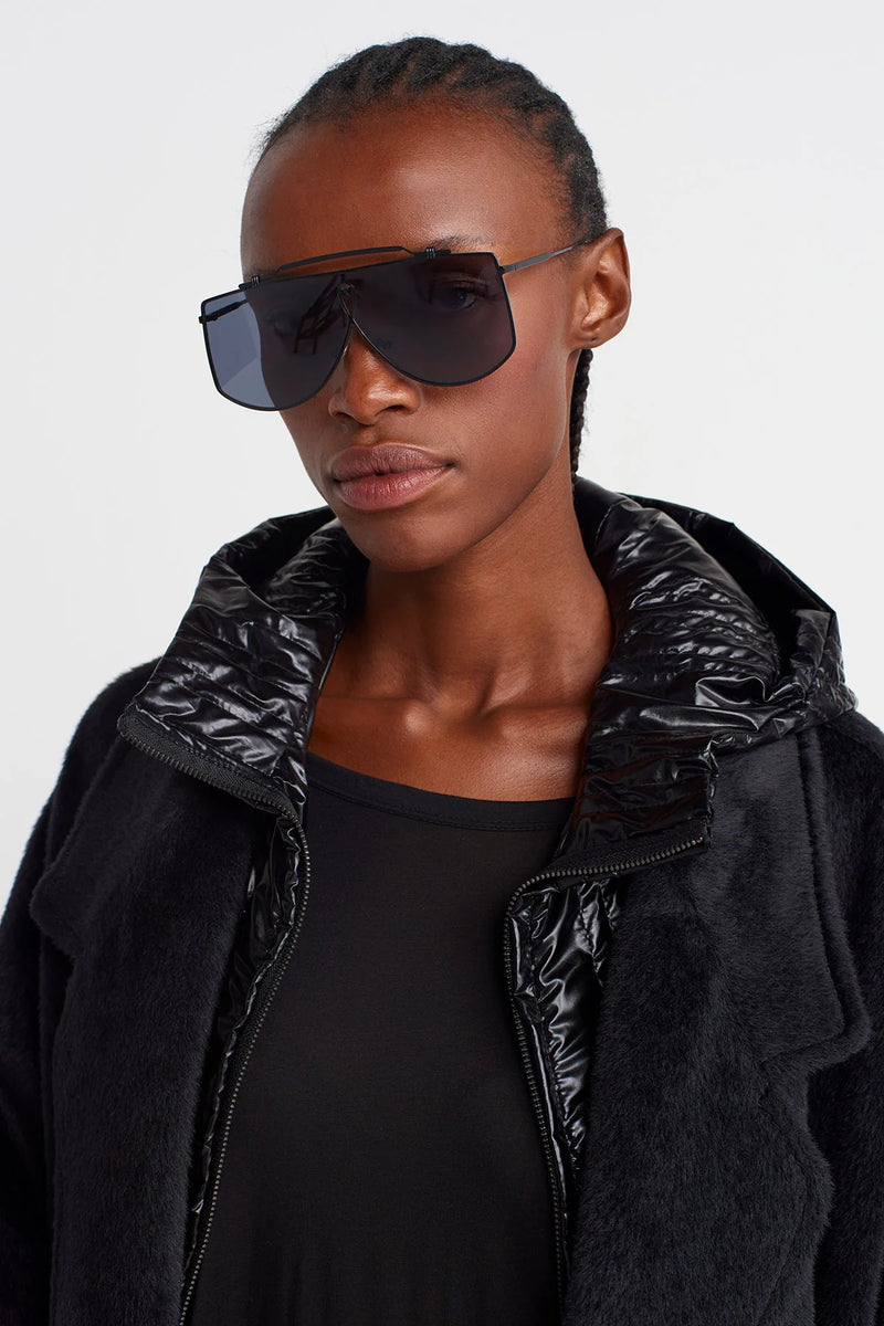 NU Long Fuzzy Coat With Shiny Hood Detail Black
