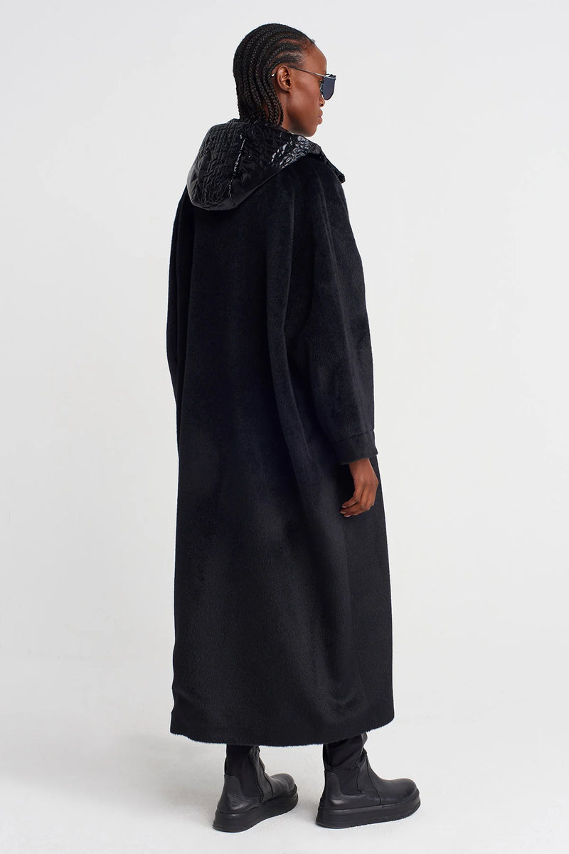 NU Long Fuzzy Coat With Shiny Hood Detail Black