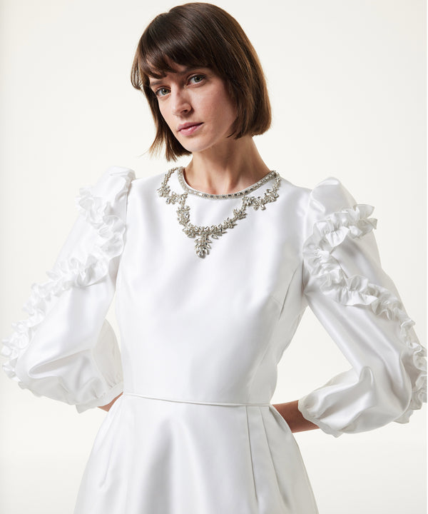 Machka Stone Embroidered Satin Duchess Dress Off White