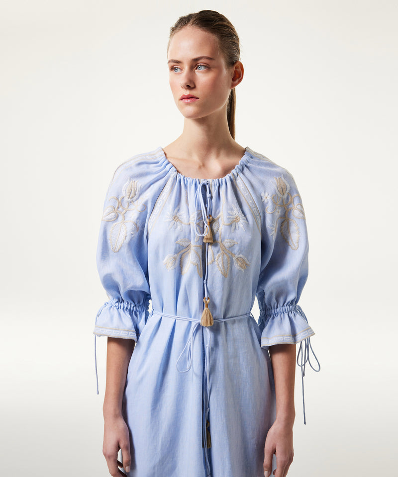 Machka Embroidered Linen Dress Light Blue