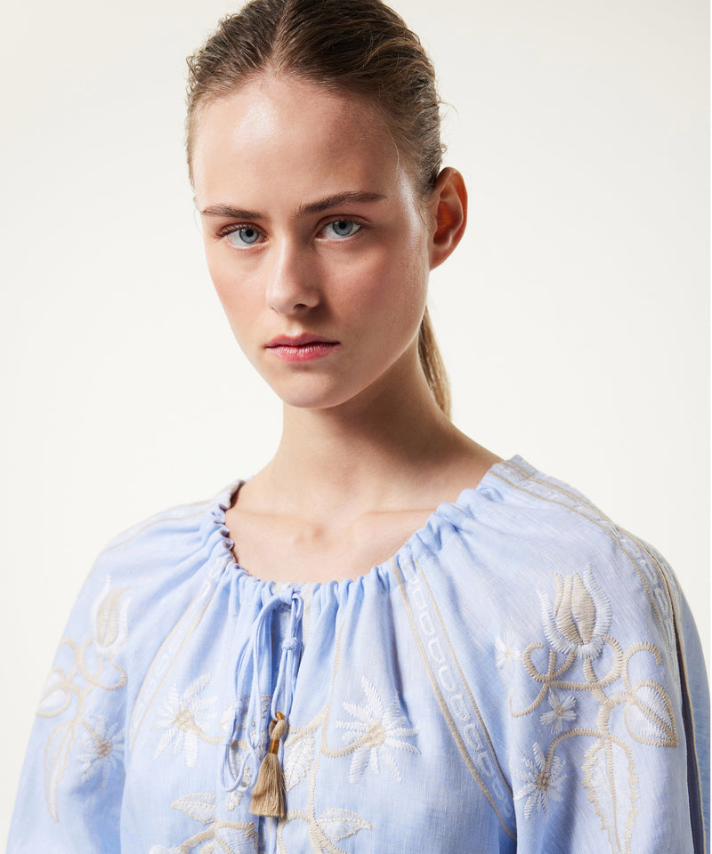 Machka Embroidered Linen Dress Light Blue