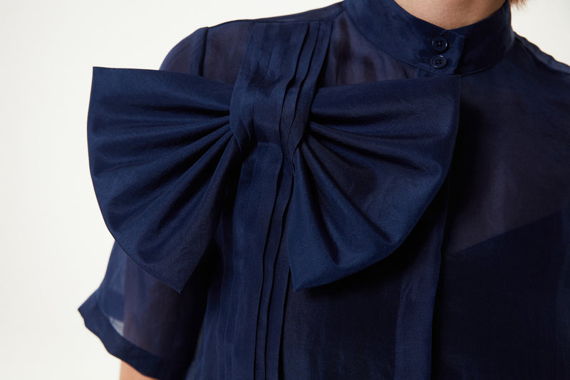 Machka Silk Shirt With Ribbon Navy Blue