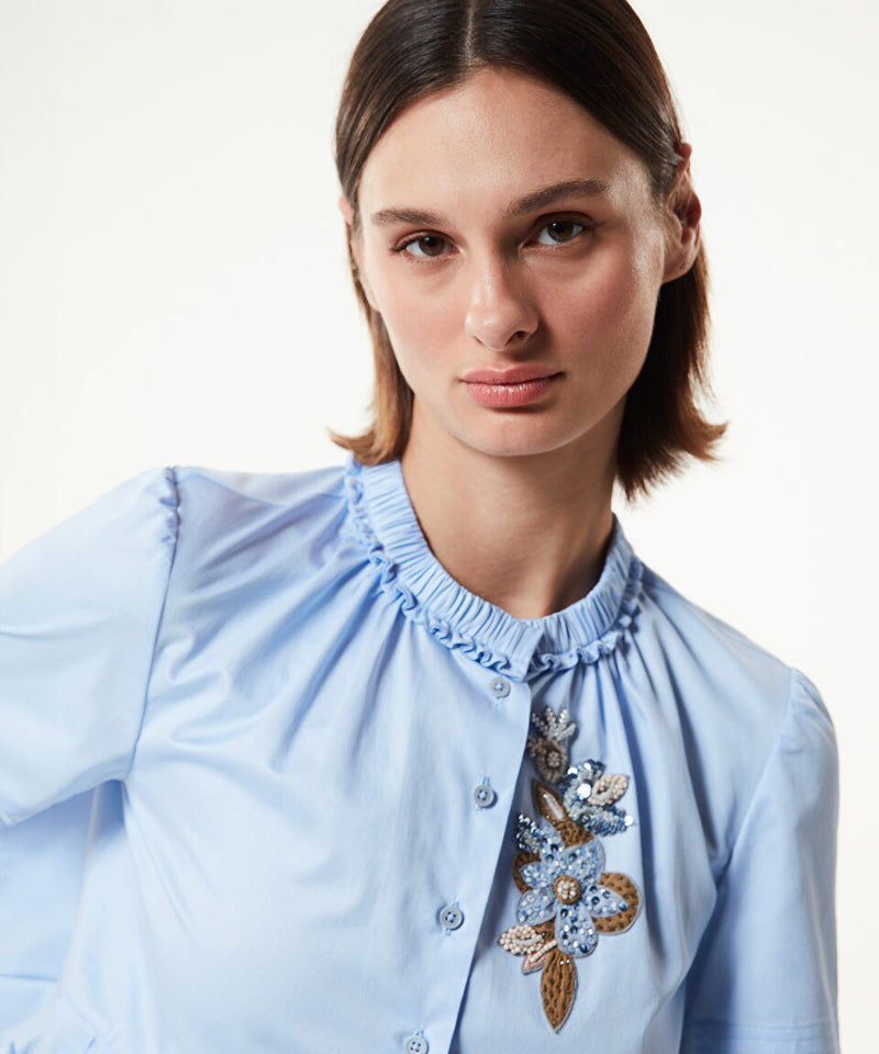 Machka Floral Embroidered Flounce Shirt Blue