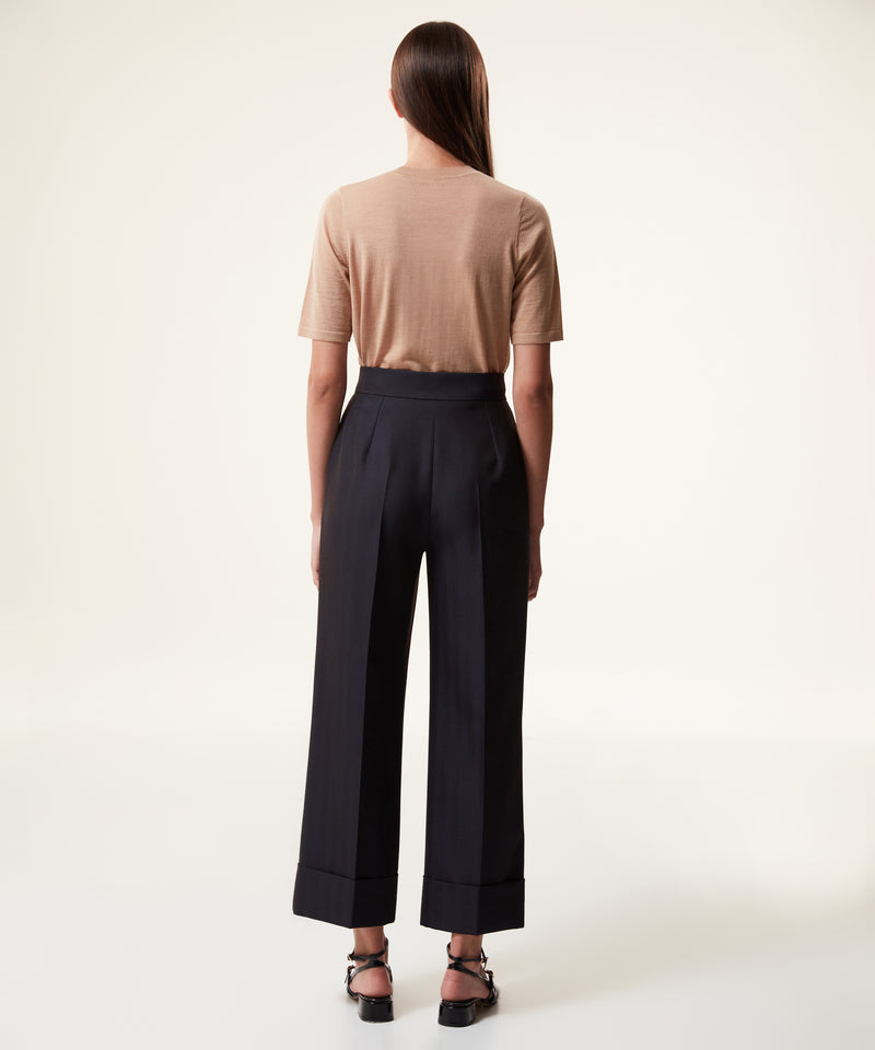 Machka Wool Blend Folded Hem Trousers Navy Blue