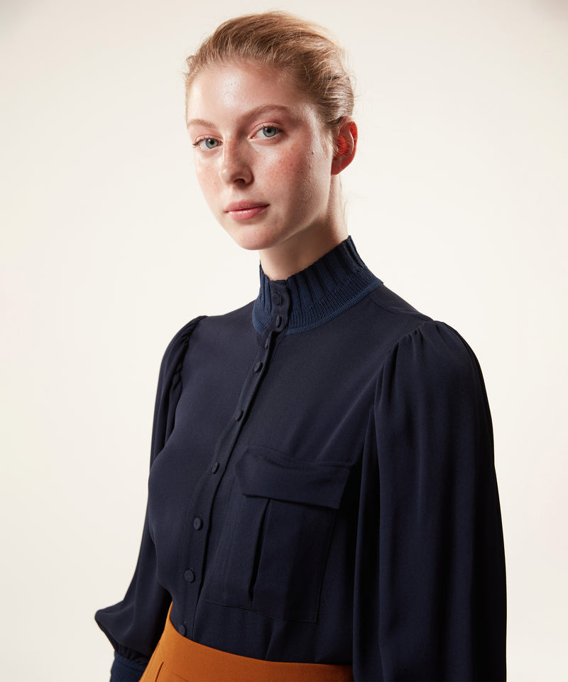 Machka Ribbed Detail Solid Blouse Navy Blue