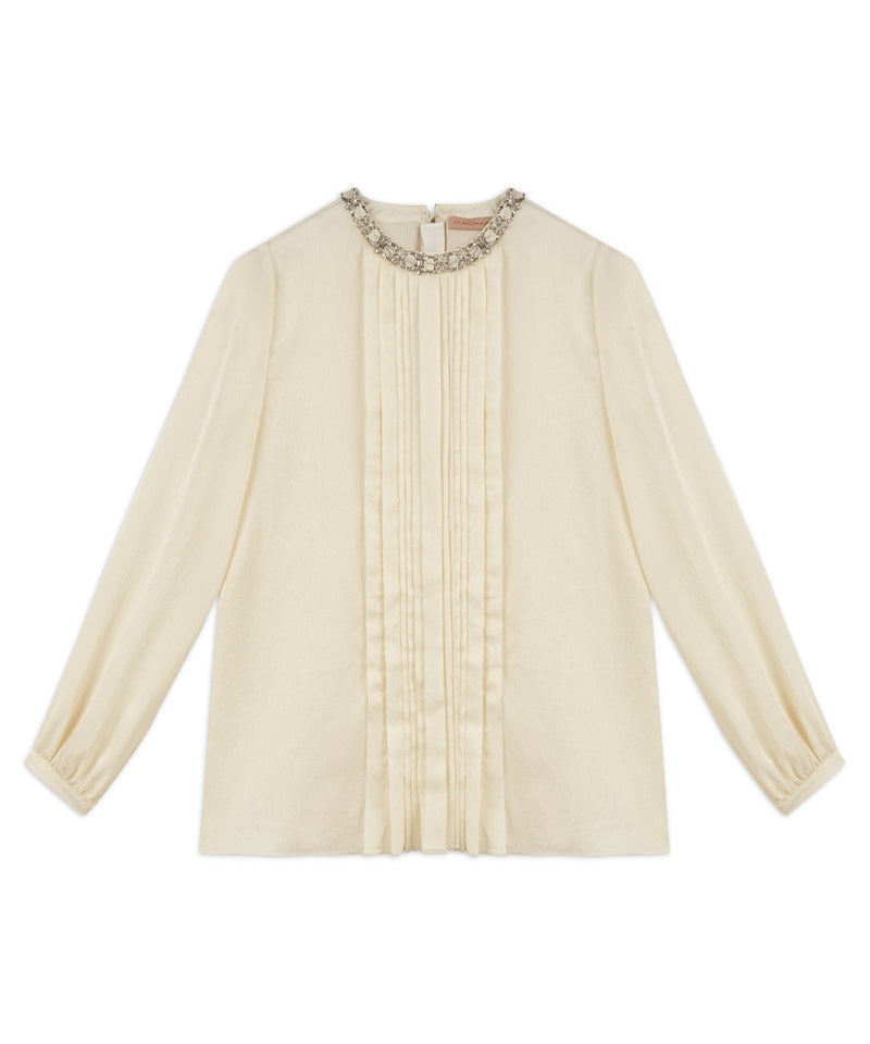 Machka Stone Embroidered Pleated Blouse Off White