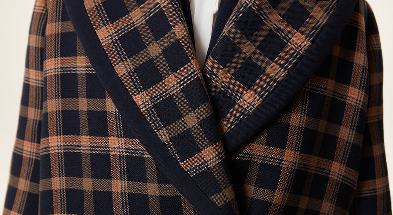 Machka Checkered Double-Breasted Overcoat Navy Blue