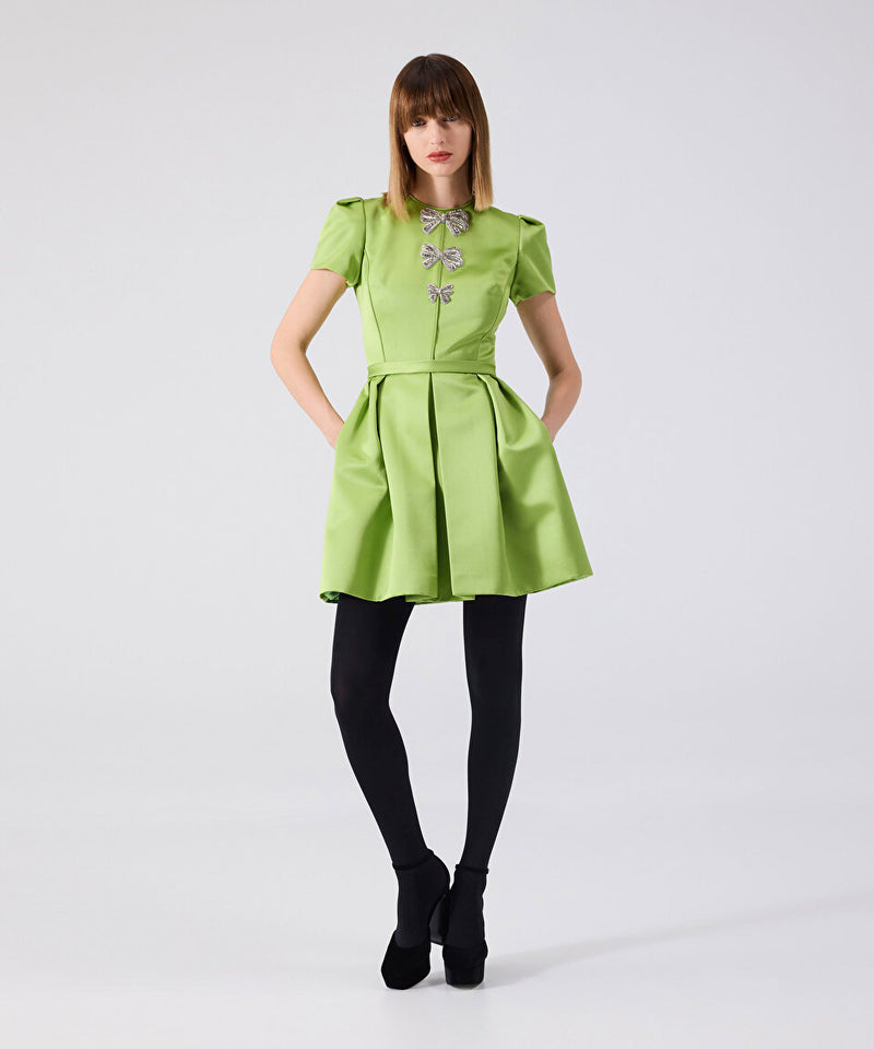 Machka Satin Duchess Dress With Bow Embroidery Pistachio Green