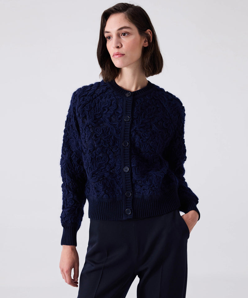 Machka Cardigan With Wool Embroidery On Lace Navy