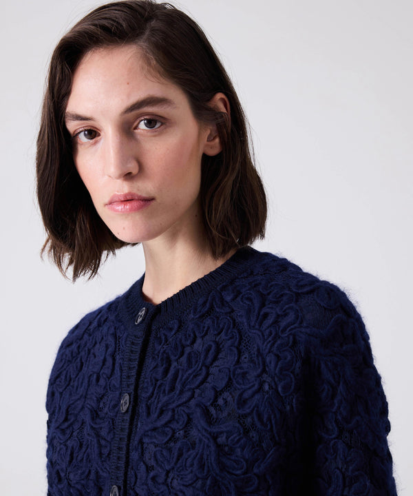 Machka Cardigan With Wool Embroidery On Lace Navy