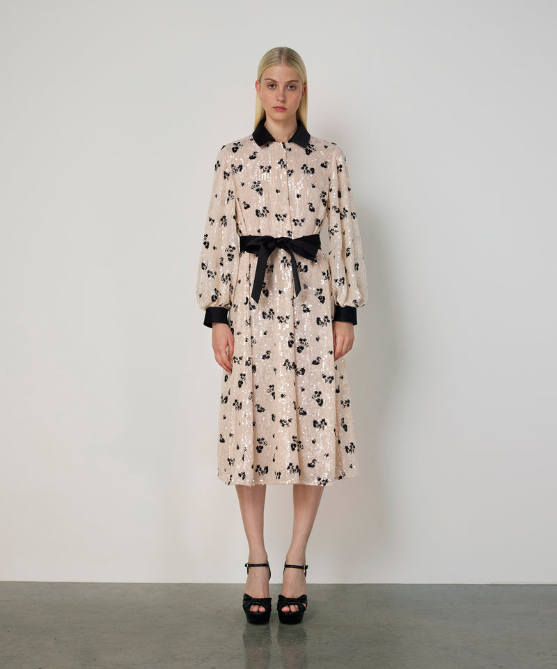 Machka Belted Sequin Dress Ecru