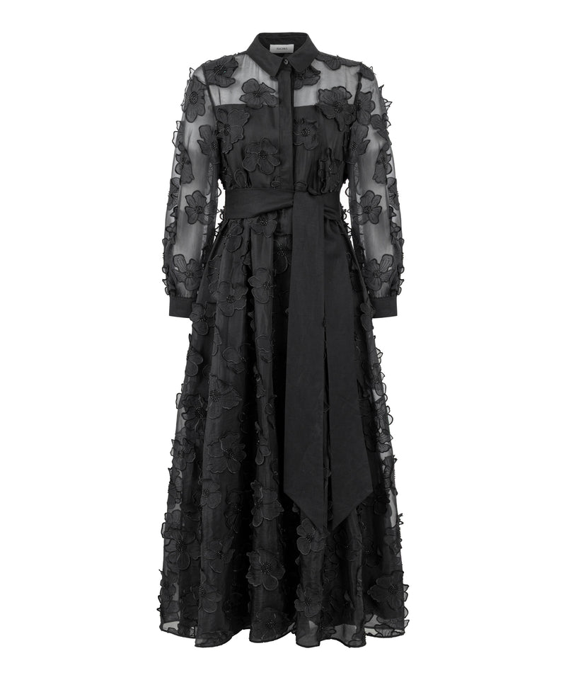 Machka Floral Applique Belted Dress Champagne