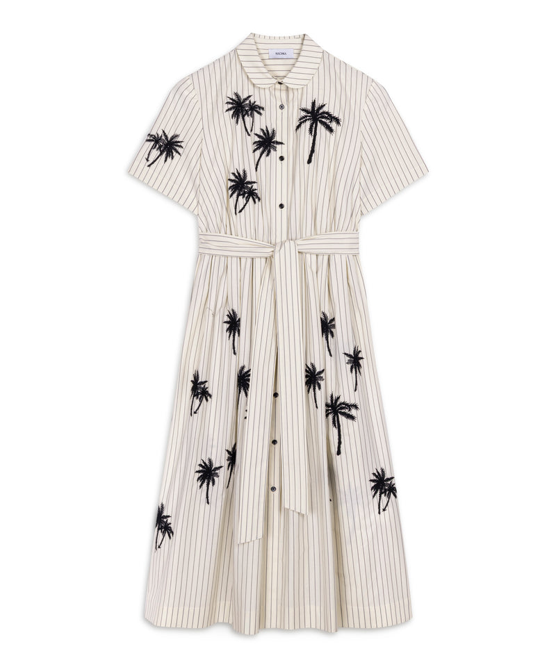 Machka Palm Embroidered Shirt Dress Beige