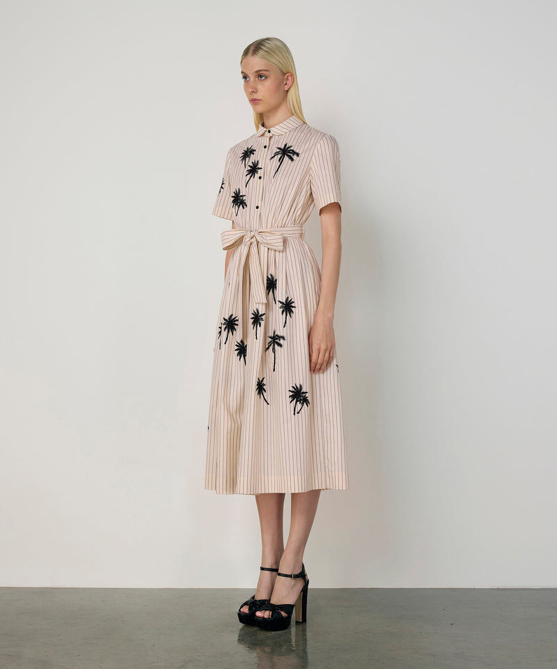 Machka Palm Embroidered Shirt Dress Beige