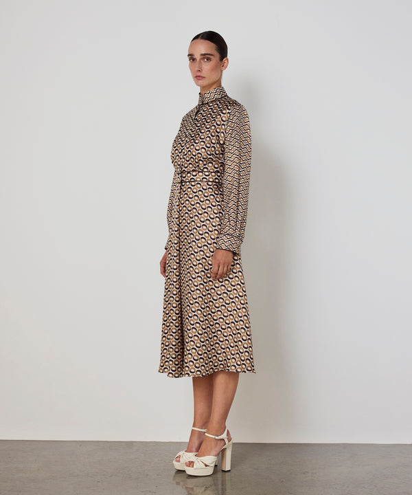 Machka Patterned High-Neck Silk Dress Cinnamon