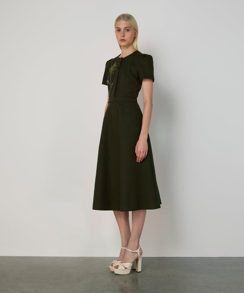 Machka Floral Embroidered A-Line Dress Dark Green