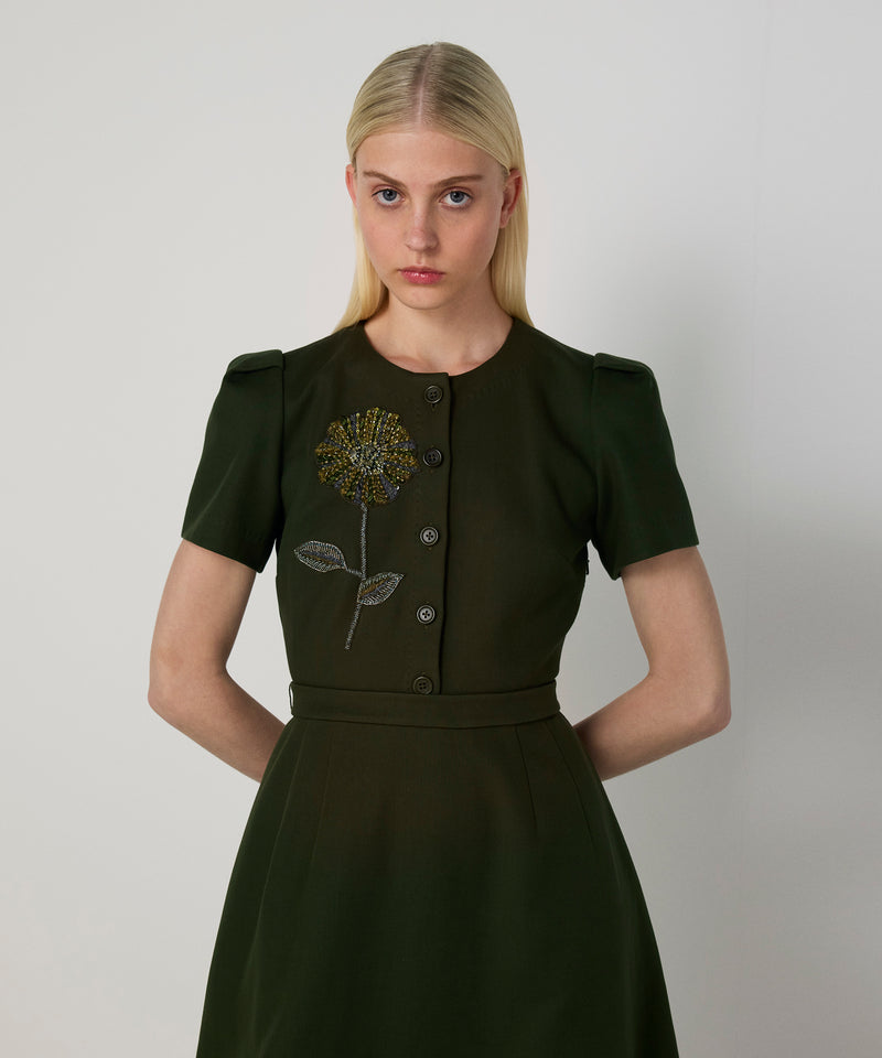 Machka Floral Embroidered A-Line Dress Dark Green