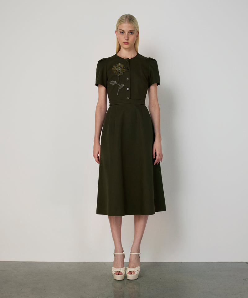 Machka Floral Embroidered A-Line Dress Dark Green