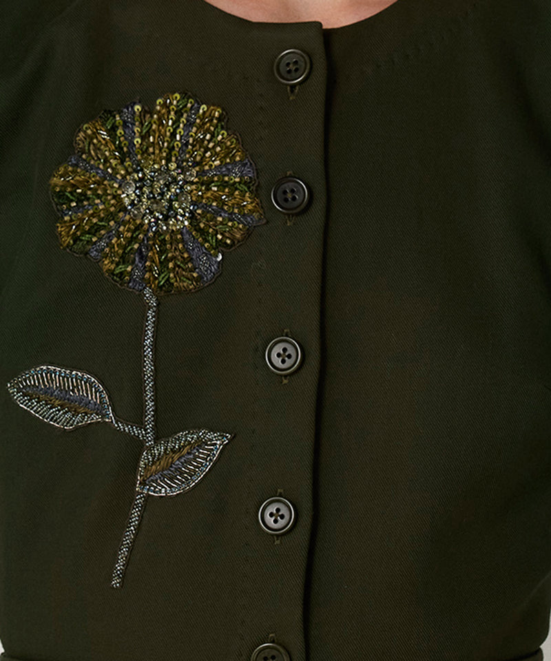 Machka Floral Embroidered A-Line Dress Dark Green