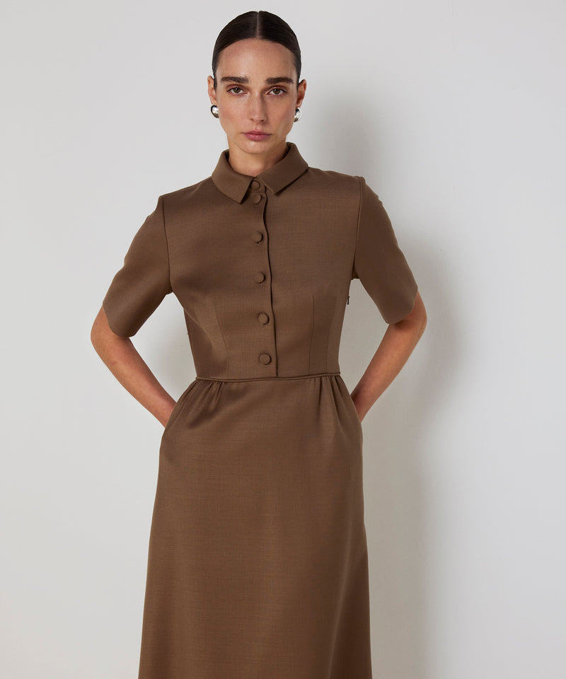 Machka Shirt-Collar Wool Dress Dark Beige
