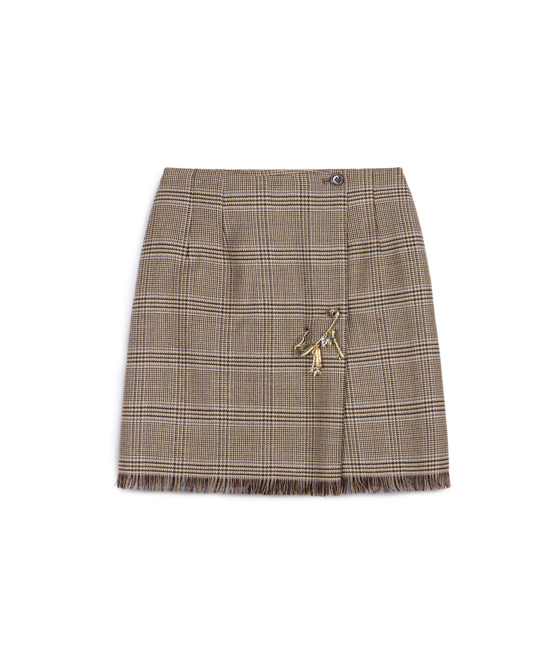 Machka Plaid Wool Skirt Dark Beige