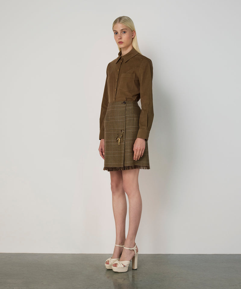 Machka Plaid Wool Skirt Dark Beige