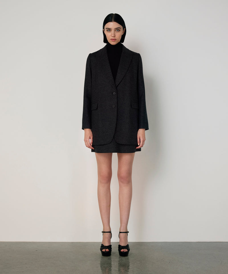 Machka Floral Module Embroidered Wool Skirt Anthracite