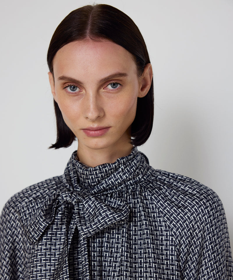 Machka Monogram Print Silk Blouse Navy
