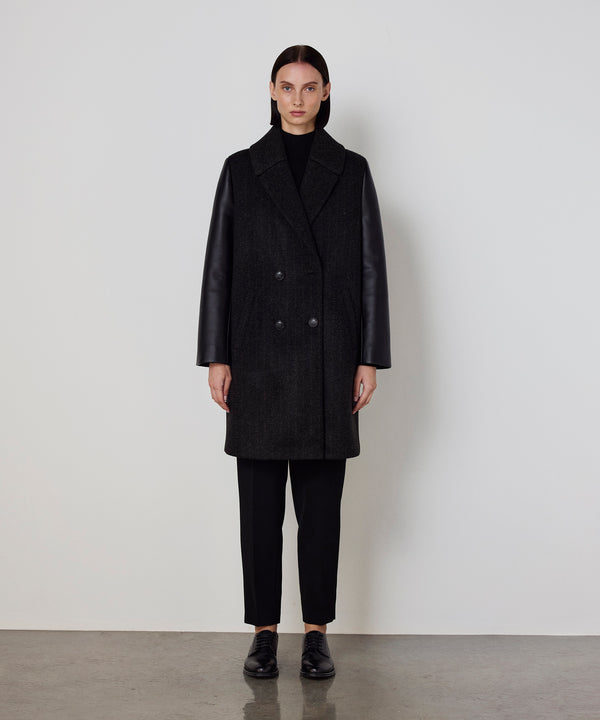 Machka Leather-Blend Linear Pattern Coat Anthracite