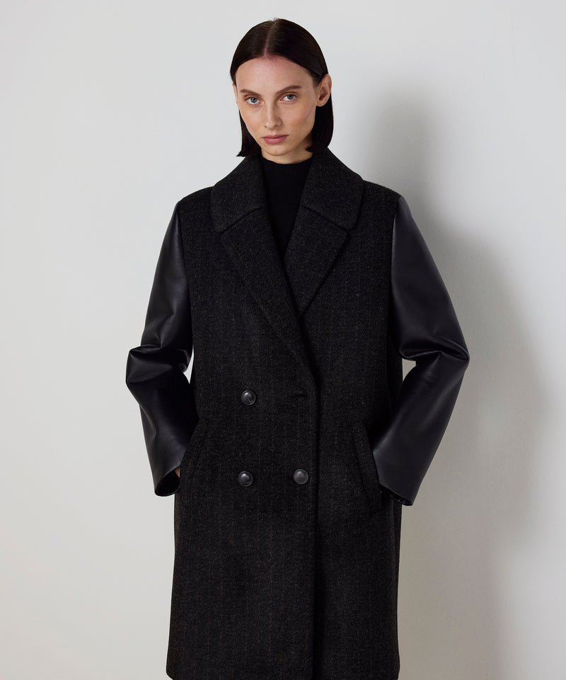 Machka Leather-Blend Linear Pattern Coat Anthracite