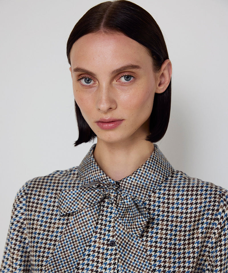 Machka Houndstooth Patterned Silk Shirt Navy