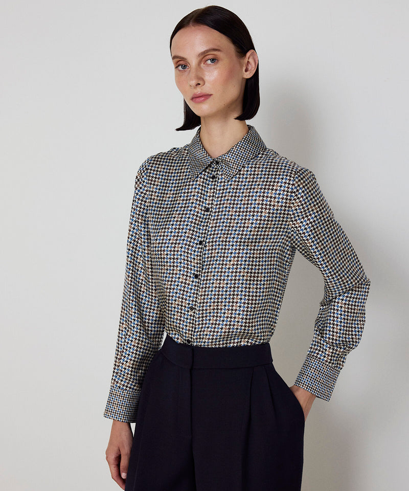 Machka Houndstooth Patterned Silk Shirt Navy