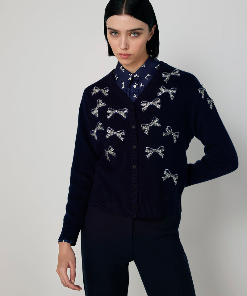 Machka Bow-Embellished Knit Cardigan Navy