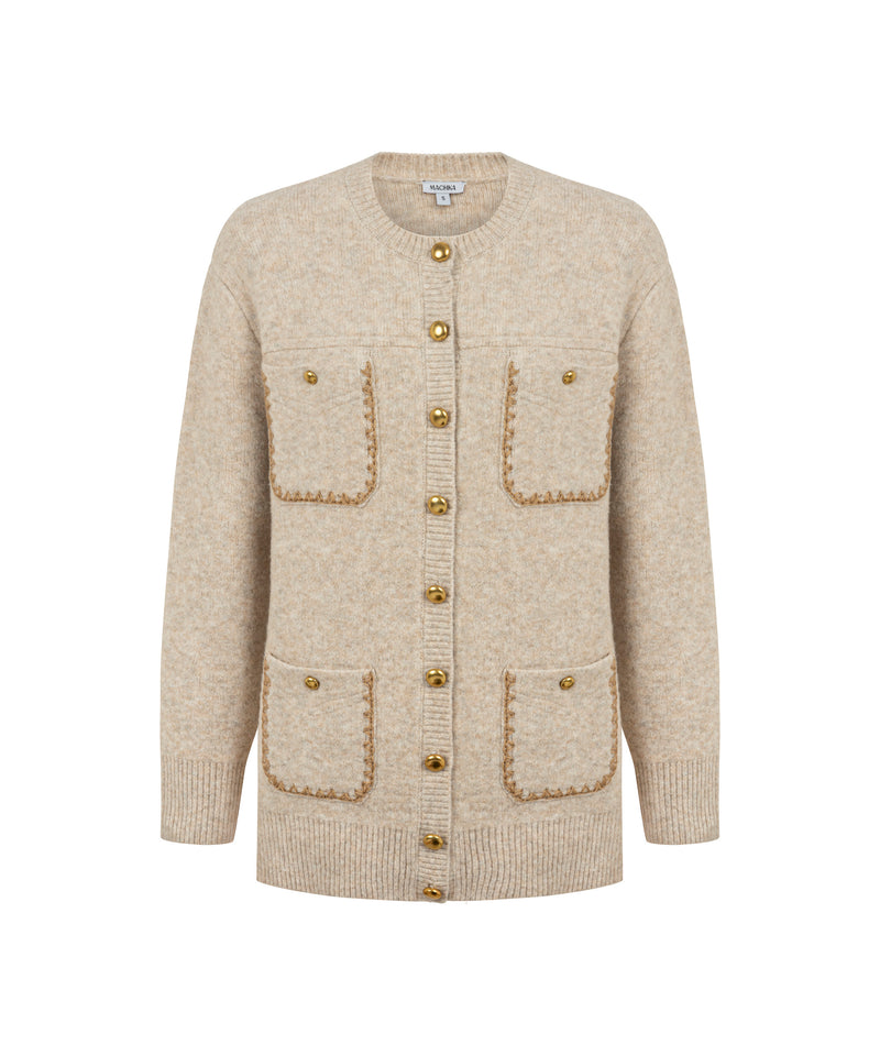 Machka Knit Cardigan With Contrast Embroidery Beige Melange