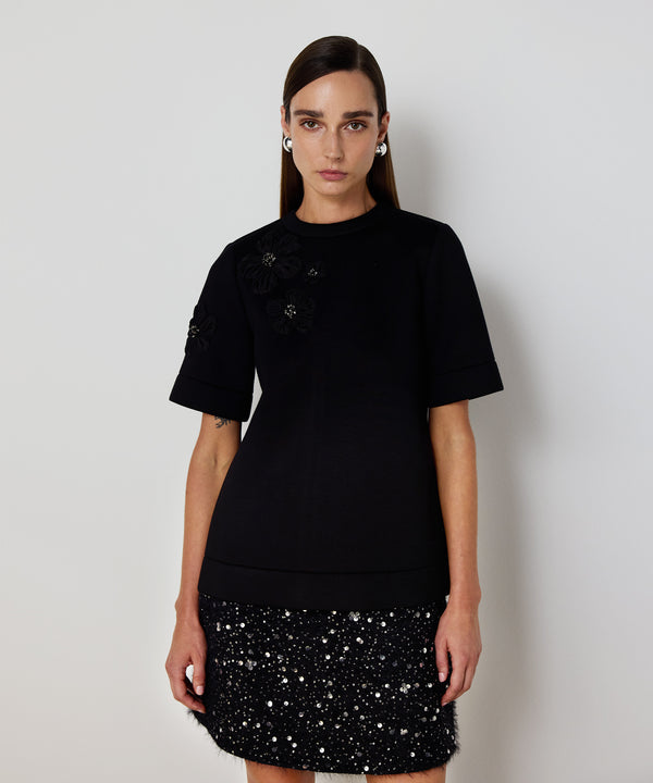 Machka Floral Appliqué Scuba T-Shirt Black