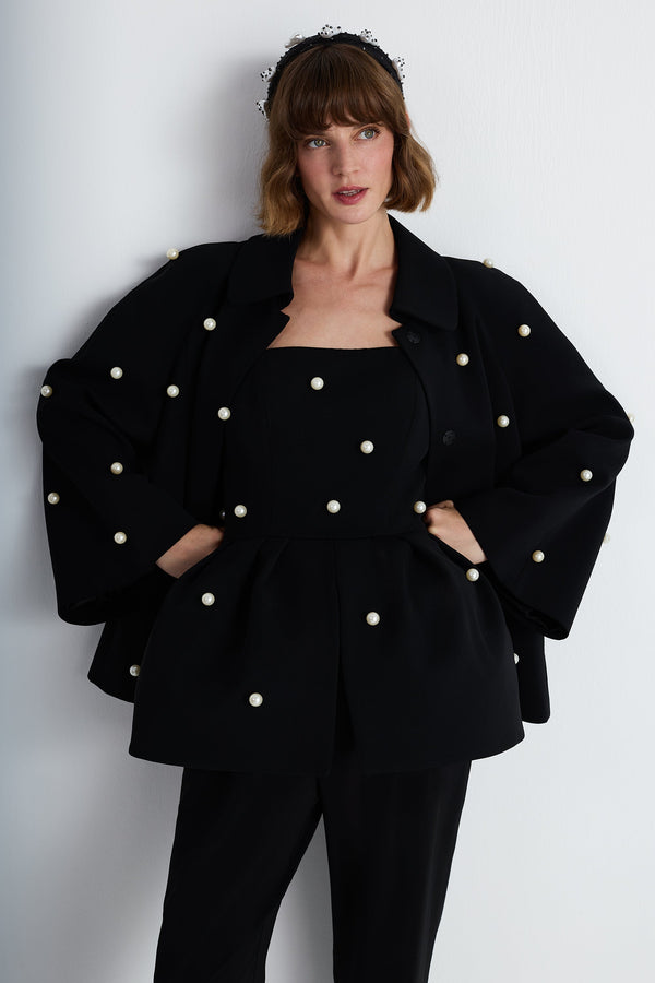 Nean Pearl-Embellished Flared Sleeve Jacket
 Black