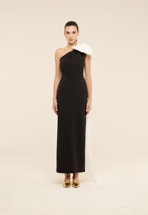 Riva One Shoulder Bow Detail Gown Dress Black-White