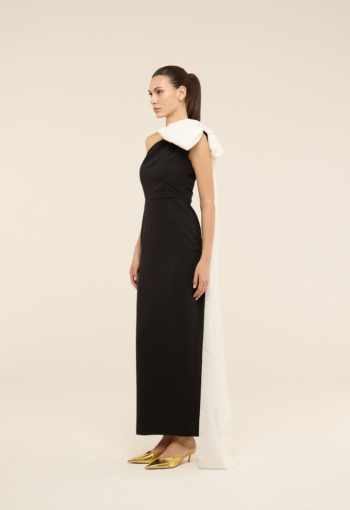 Riva One Shoulder Bow Detail Gown Dress Black-White