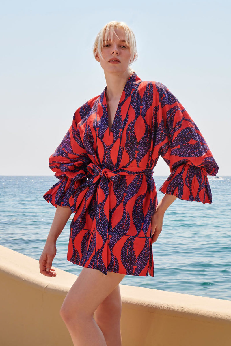 Maison La Plage Ravello Ruffled Sleeve Kimono With Belt Red