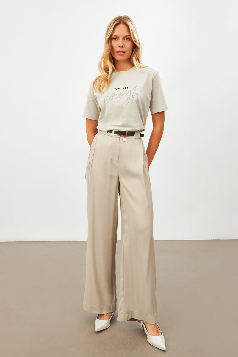 Setre Shiny Fabric Pleat Detailed Loose Cut Trousers Dark Beige