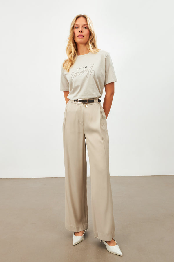 Setre Shiny Fabric Pleat Detailed Loose Cut Trousers Dark Beige