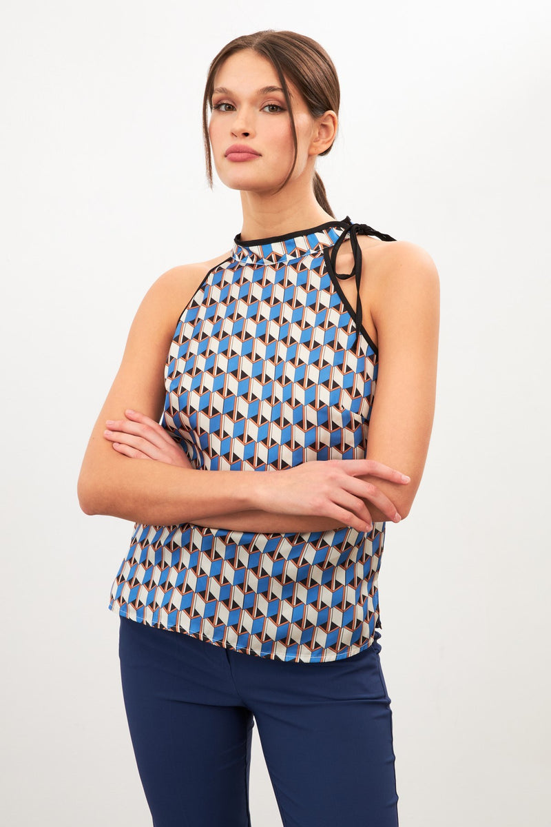 Setre Patterned Halter Neck Tie Detail Blouse Beige/Blue