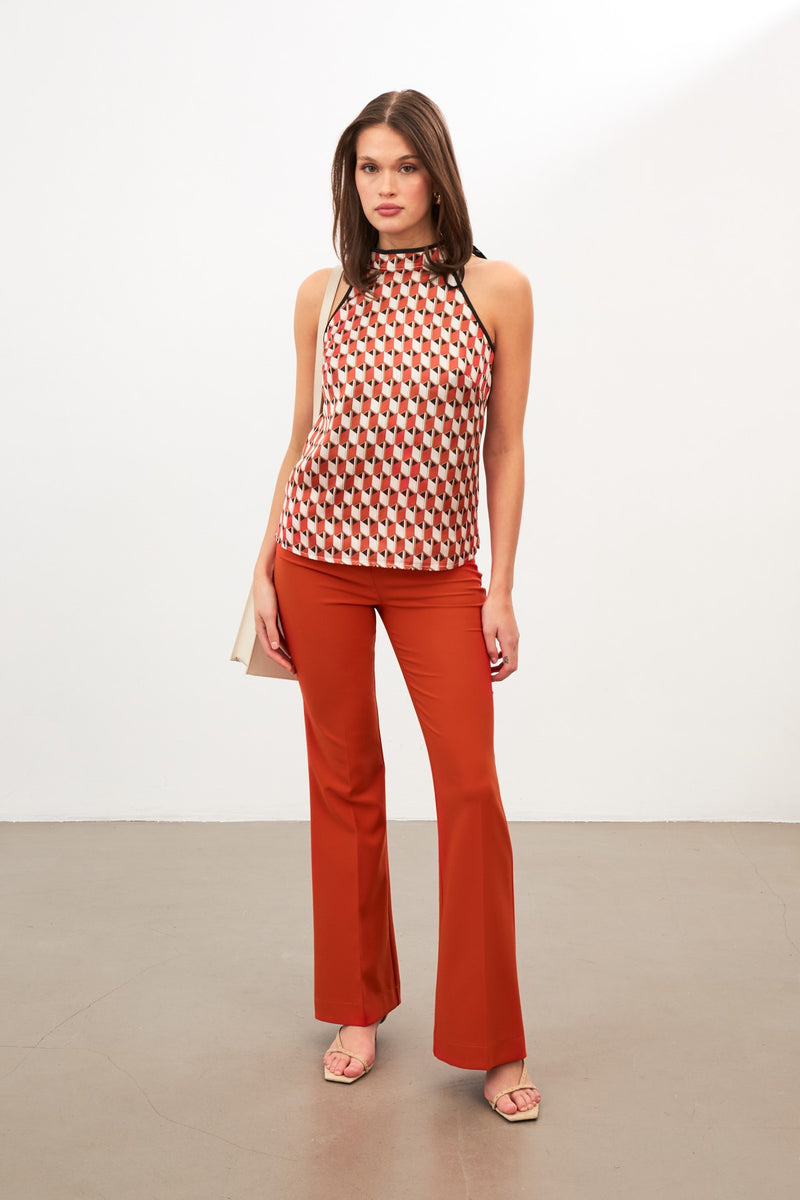 Setre Patterned Halter Neck Tie Detail Blouse Coral