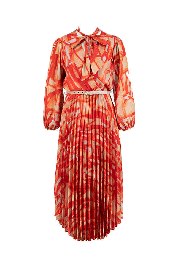 Setre Patterned Pleated Midi Dress Orange