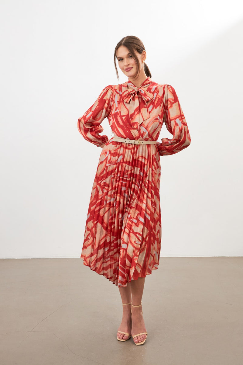 Setre Patterned Pleated Midi Dress Orange