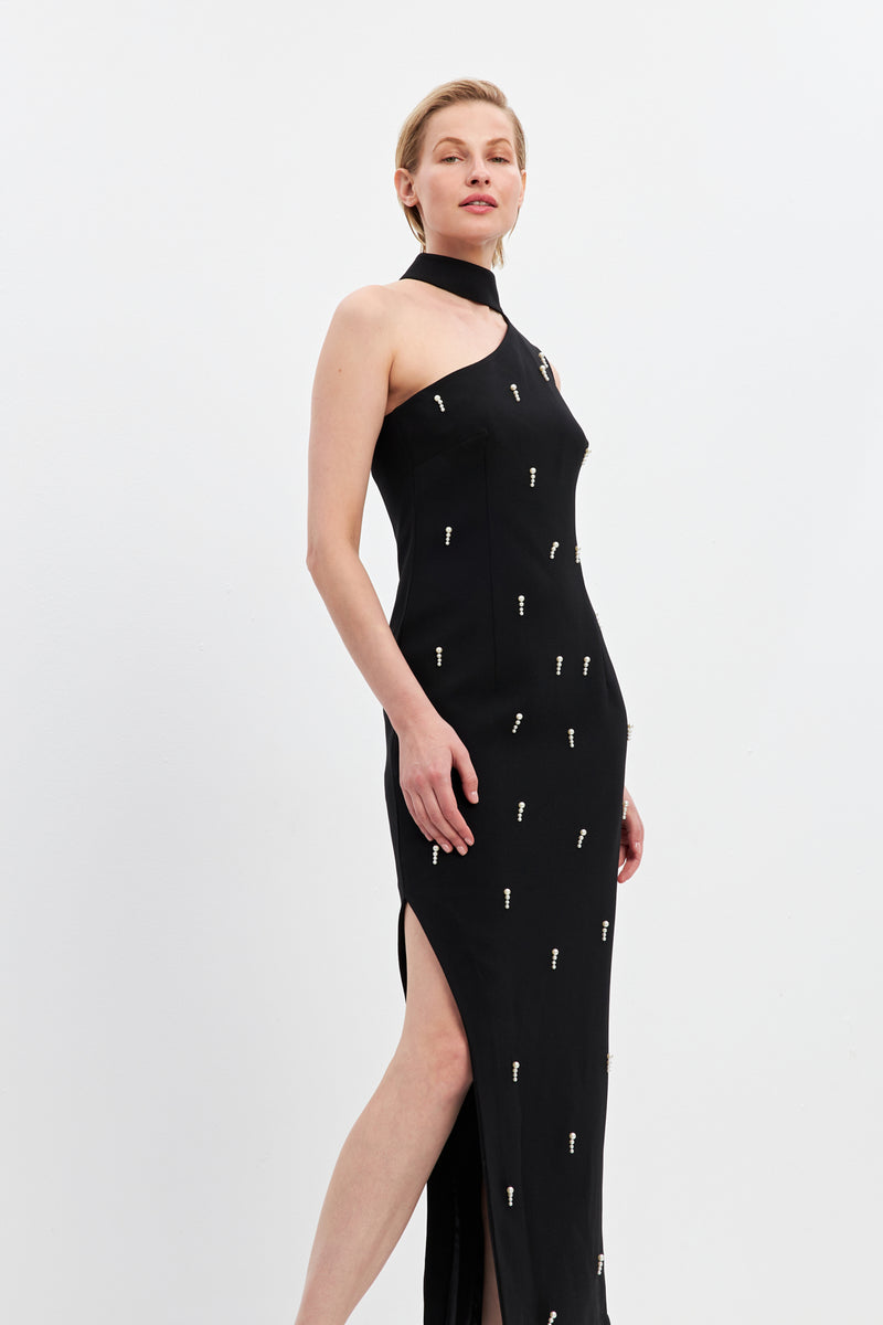 Setre Pearl And Neck Detail Slit Midi Dress Black